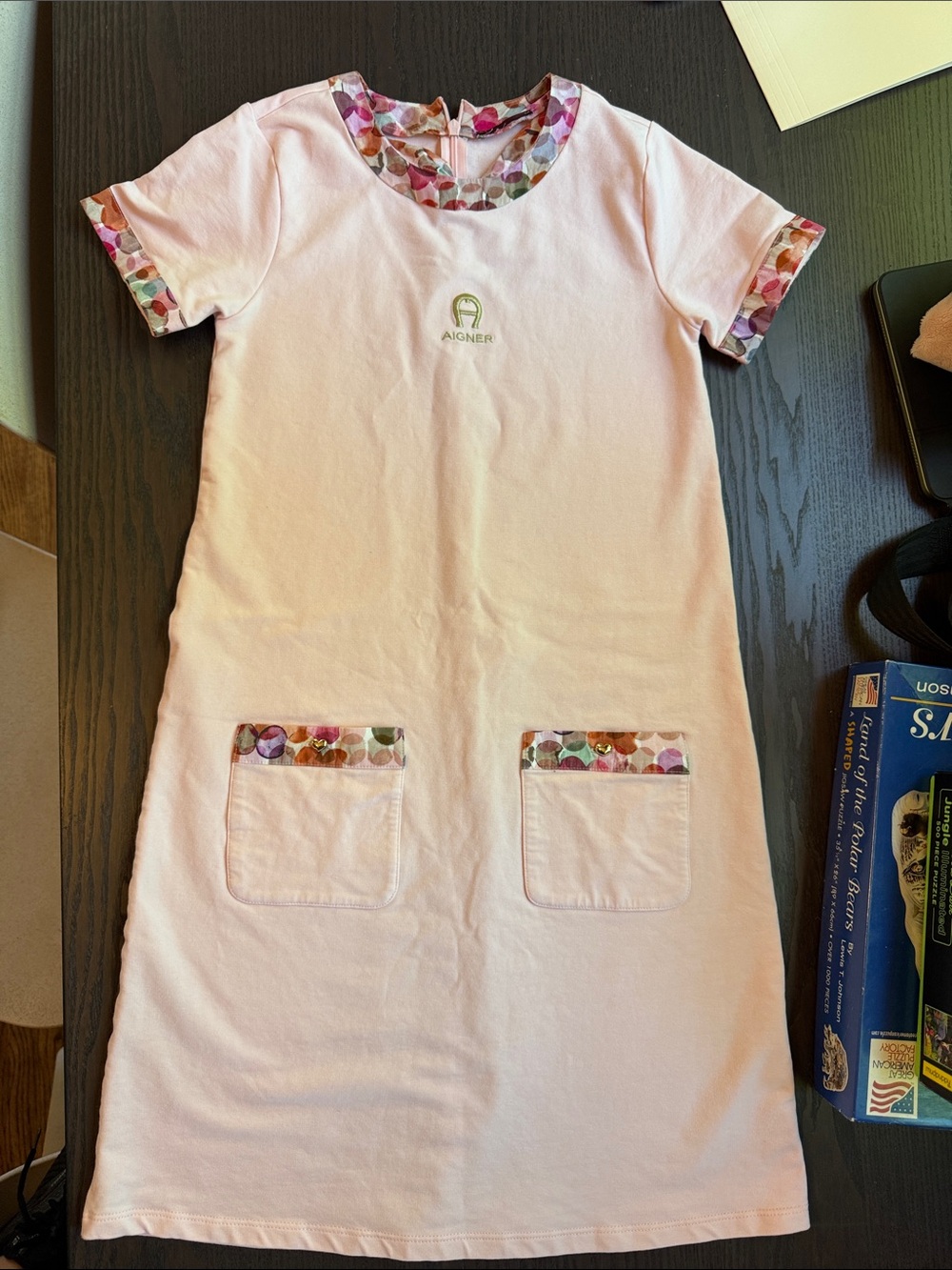 Aigner Light Pink Short Sleeve Shift Dress with Floral Trim